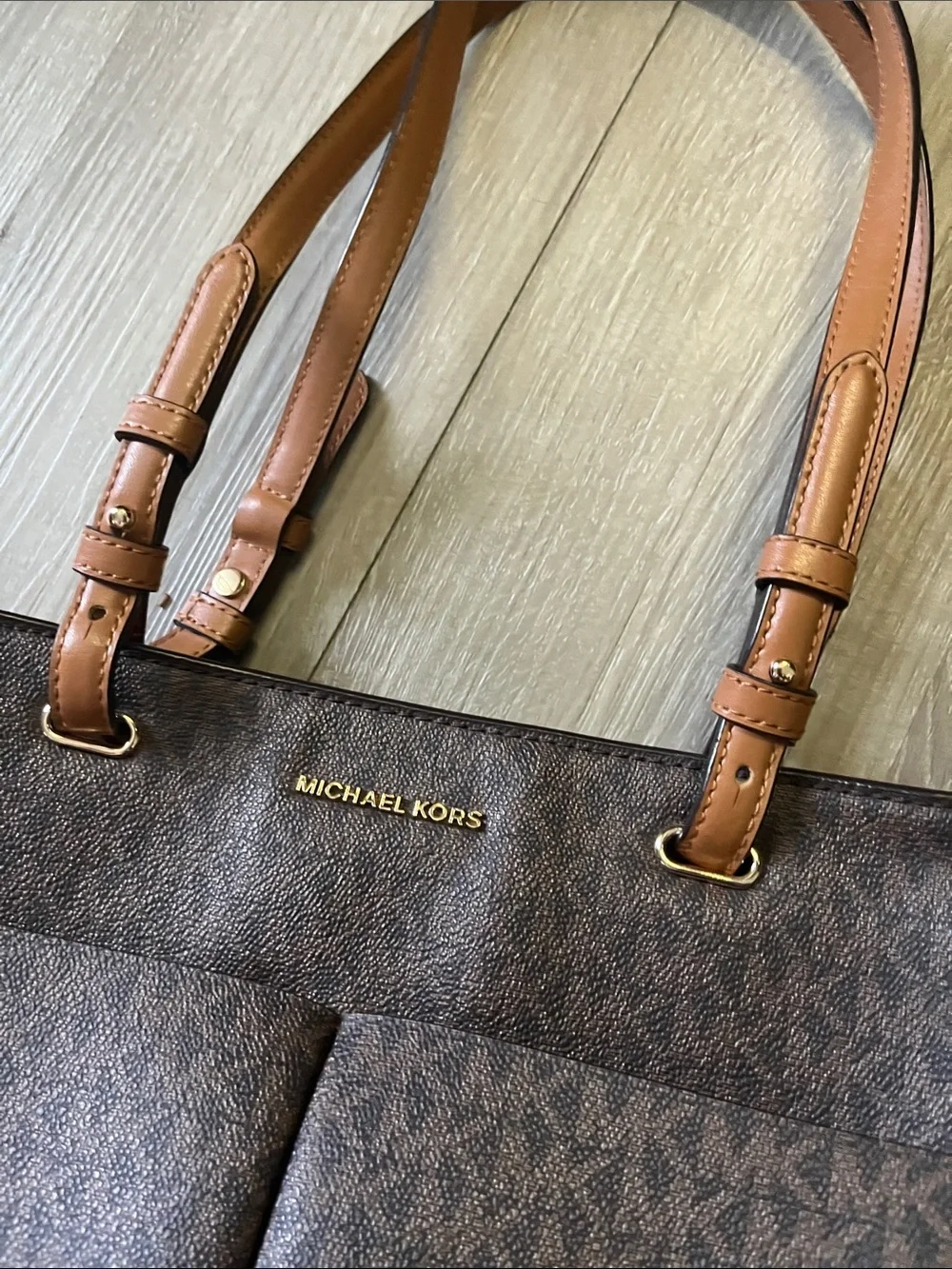 Michael Kors Brown MK Logo Tote with Tan Trim